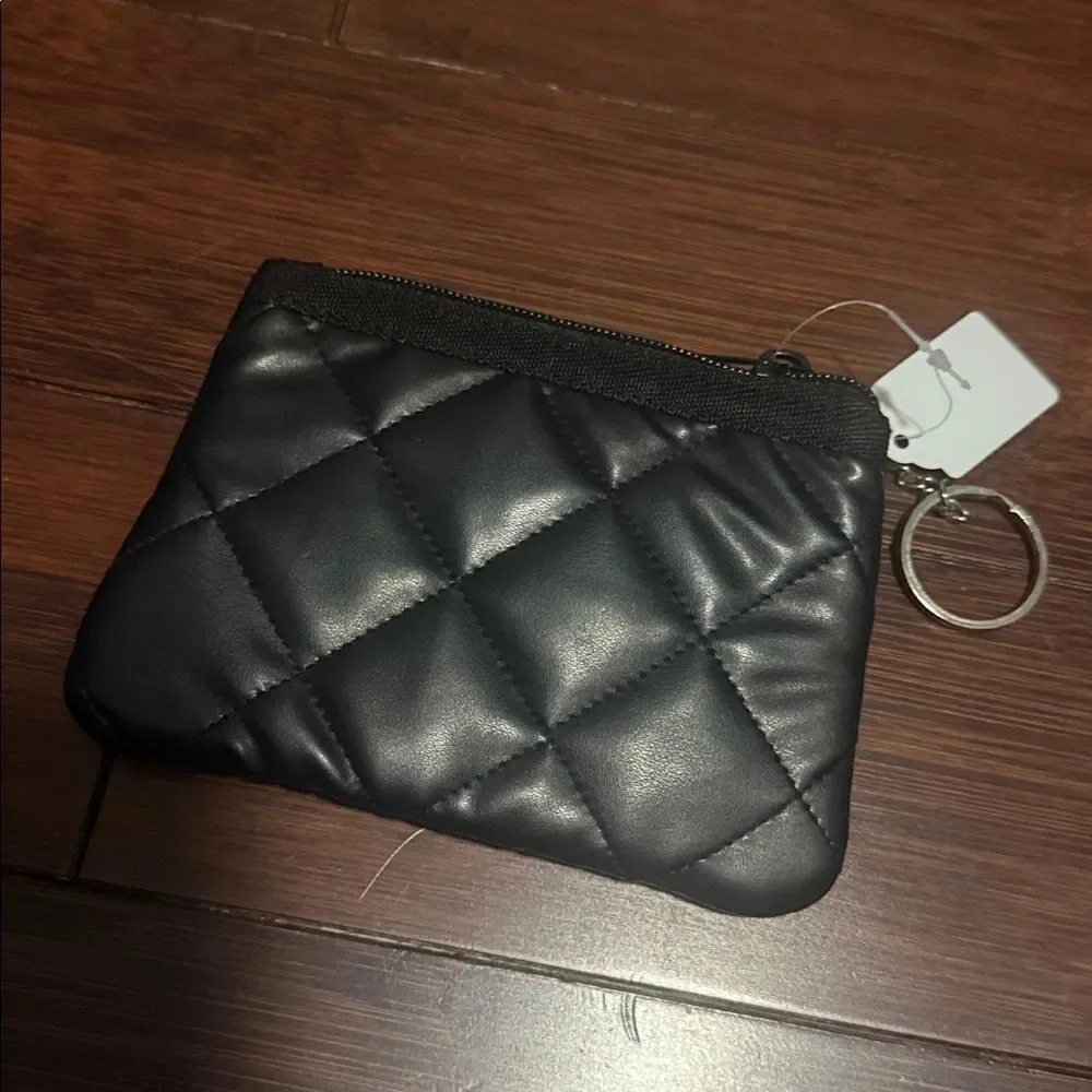 Quilted Black Faux Leather Keychain Card Wallet - 2 Zip Pockets Multiple Cards